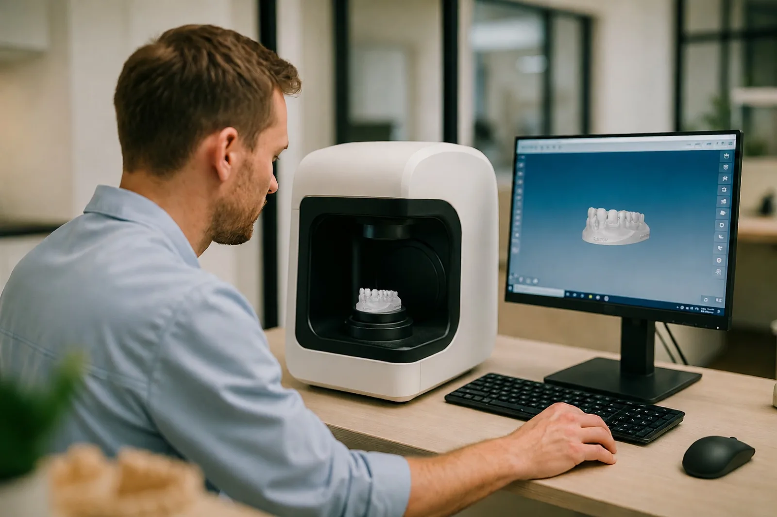 Zahntechnikerin am Tisch-3D-Scanner, daneben die CAD-Konstruktion einer Krone auf dem Monitor