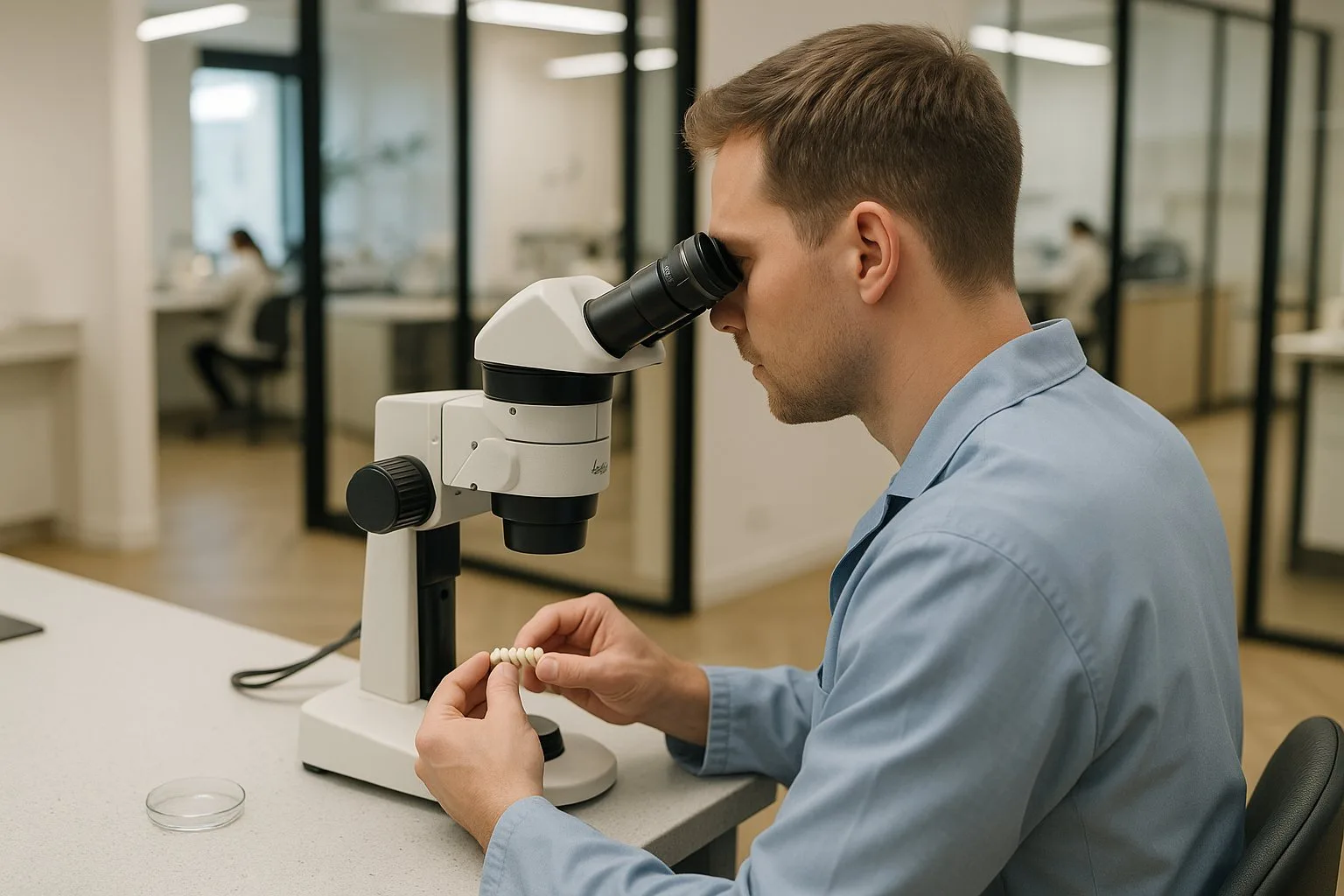 Zahntechnikerin prüft eine fertige Vollkeramikbrücke unter dem Stereomikroskop
