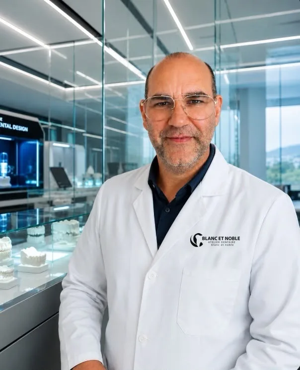 ZTM Sascha Candels, Zahntechnikermeister und Laborleiter, im weißen Kittel im Atelier